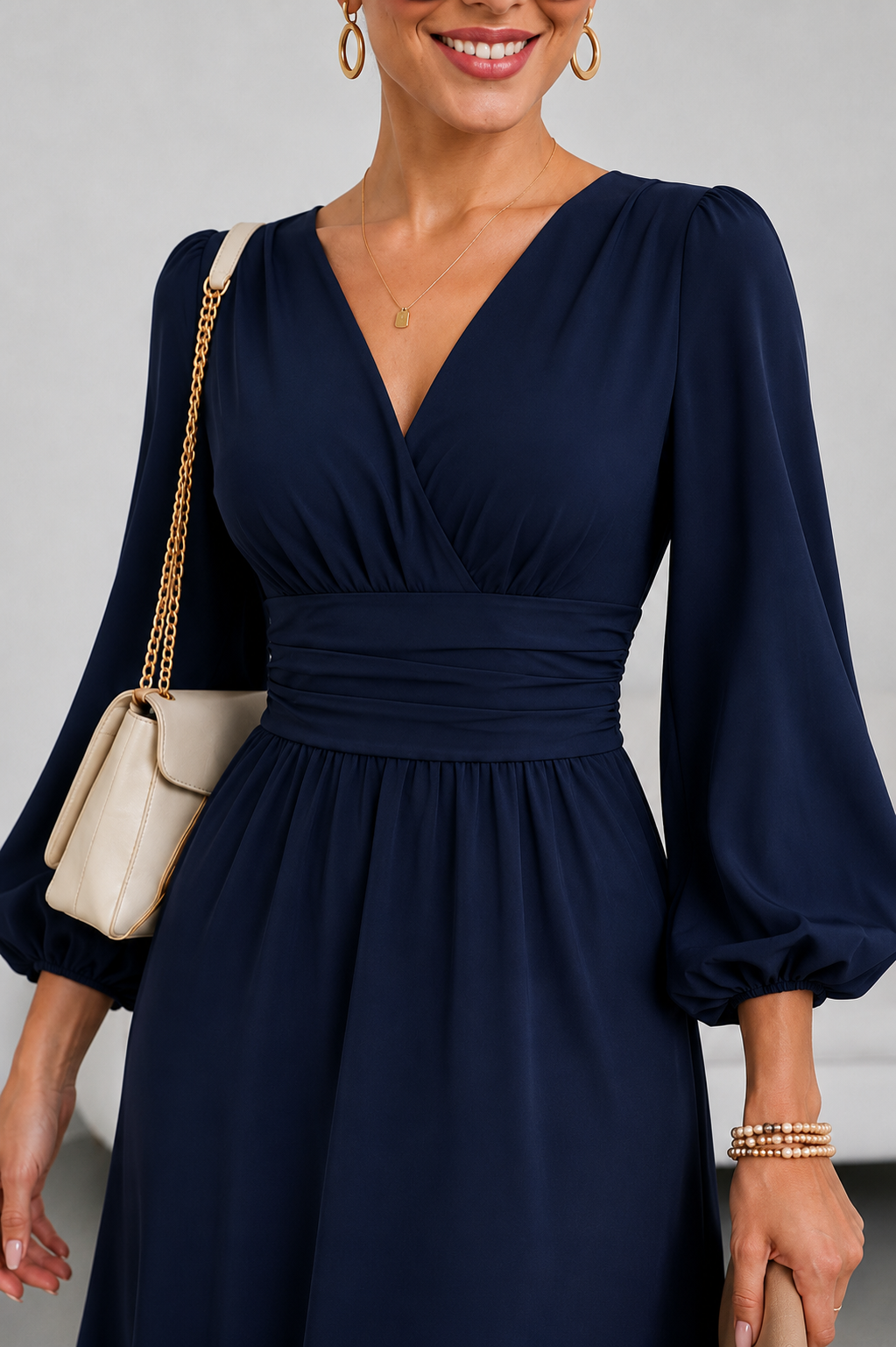 VESTIDO MIDI MANGA LARGA DRAPEADO AZUL MARINO - 2