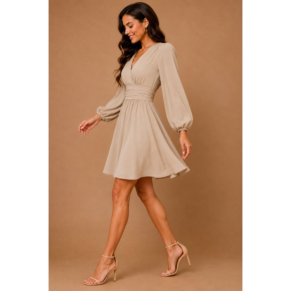 VESTIDO COCTEL EN SEDA ITALIANA BEIGE - 3