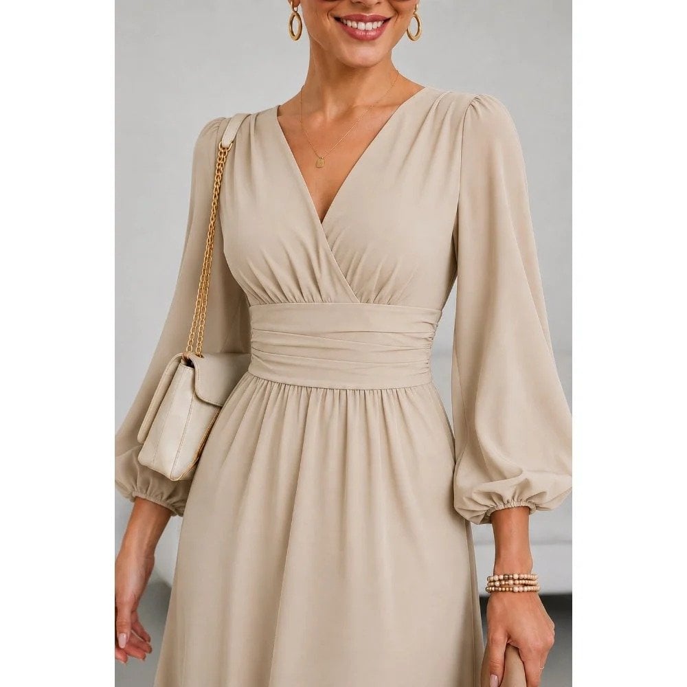 VESTIDO MIDI MANGA LARGA DRAPEADO BEIGE - 2