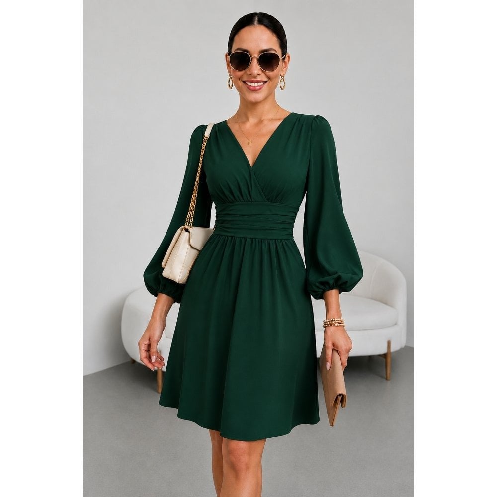 VESTIDO MIDI MANGA LARGA DRAPEADO VERDE - 1