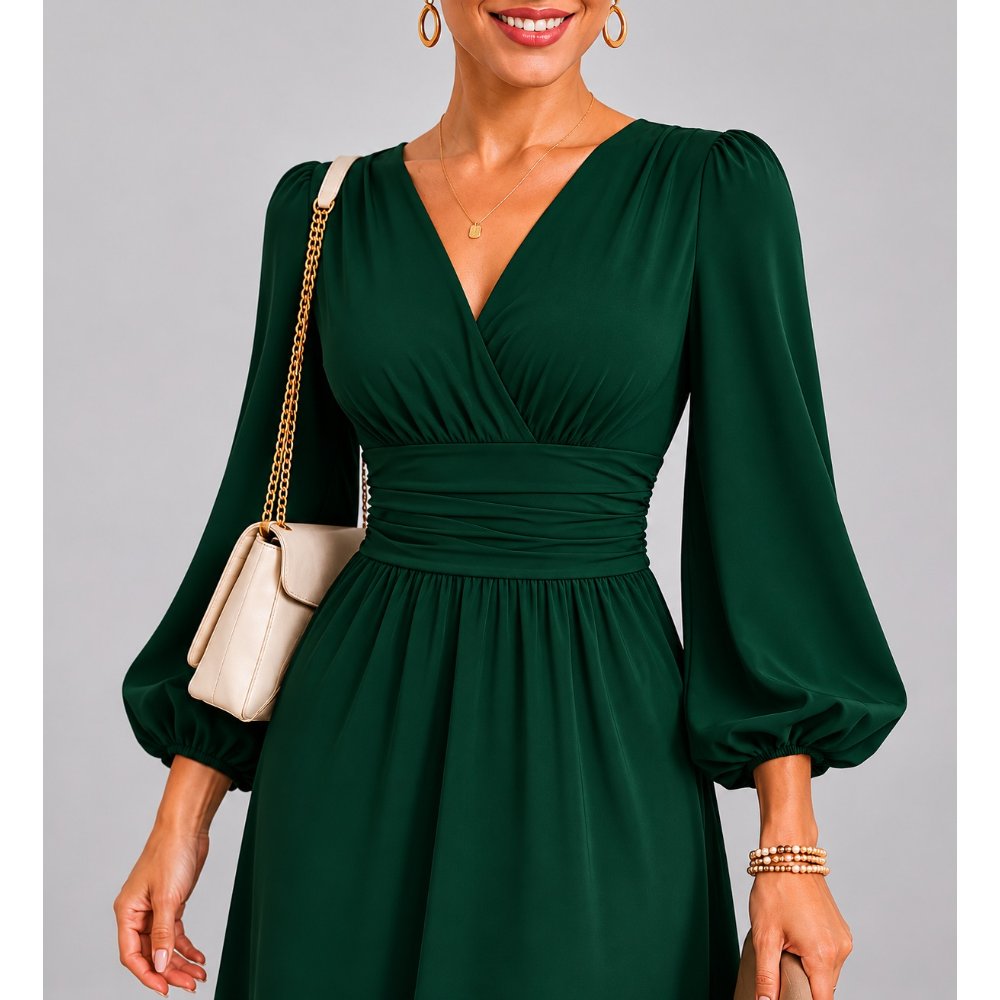 VESTIDO MIDI MANGA LARGA DRAPEADO VERDE - 2