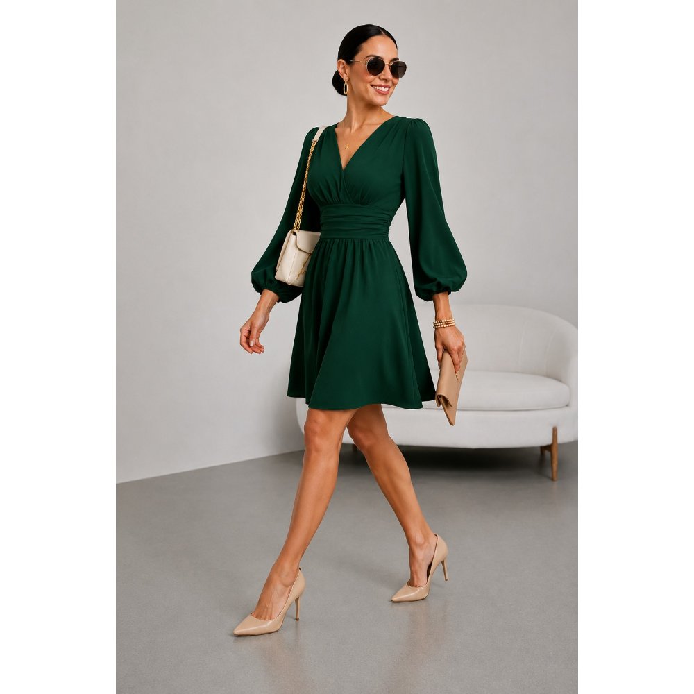 VESTIDO MIDI MANGA LARGA DRAPEADO VERDE - 3