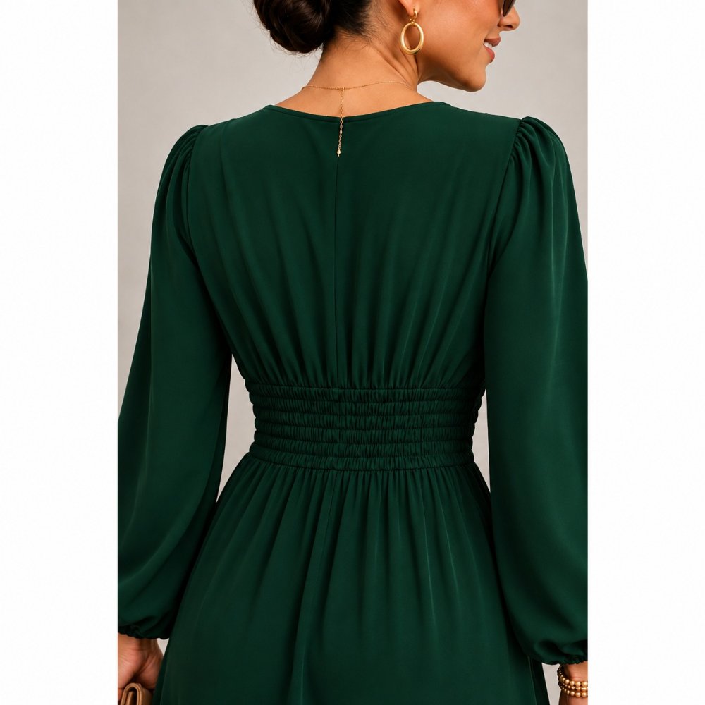 VESTIDO MIDI MANGA LARGA DRAPEADO VERDE - 4