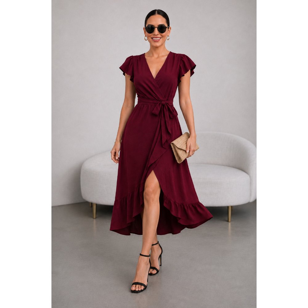 VESTIDO DE VIENA CON ESCOTE  ROJO VINO - 1