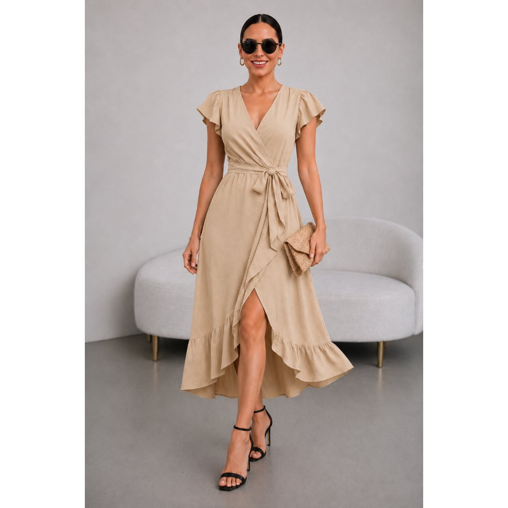 VESTIDO DE VIENA CON ESCOTE BEIGE - 1