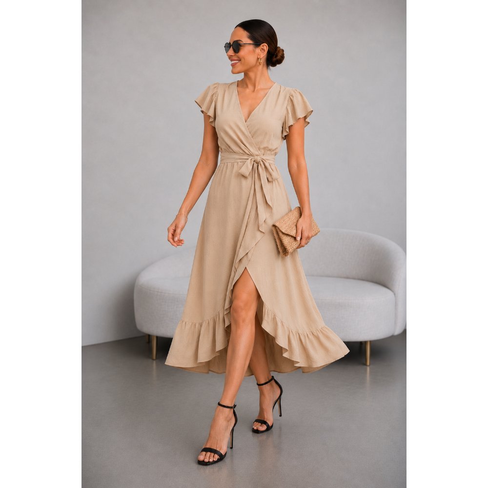 VESTIDO DE VIENA CON ESCOTE BEIGE - 3