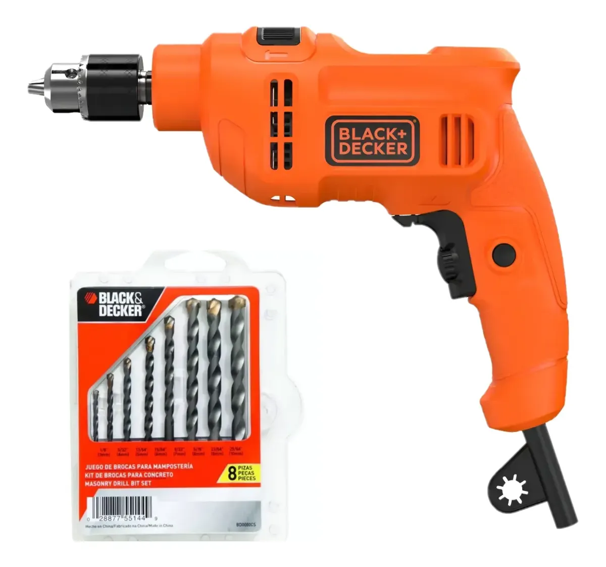 TALADRO PERCUTOR 3/8 550W + SET 8 BROCAS BLACK DECKER - 1