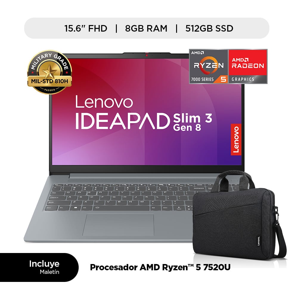 LAPTOP LENOVO IDEAPAD SLIM 3 AMD RYZEN 5 7520U 8GB 512GB SSD FHD - 1