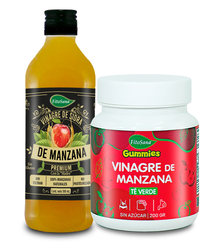 PACK VINAGRE MANZANA 01VINAGRE DE SIDRA DE MANZANA PREMIUM 500ML+01GUMMIES VINAGRE DE MANZANA TE VERDE 200G FITOSANA - 1