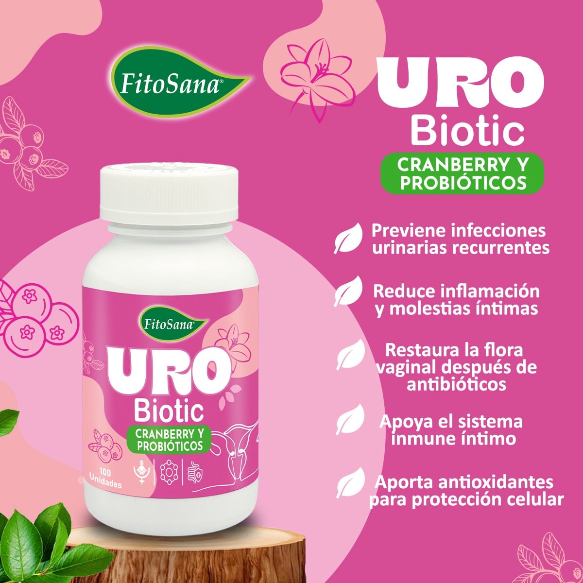 URO BIOTIC FITOSANA CRANBERRY PROBIOTICOS SALUD INTIMA Y URINARIA - FRASCO 100U - 2