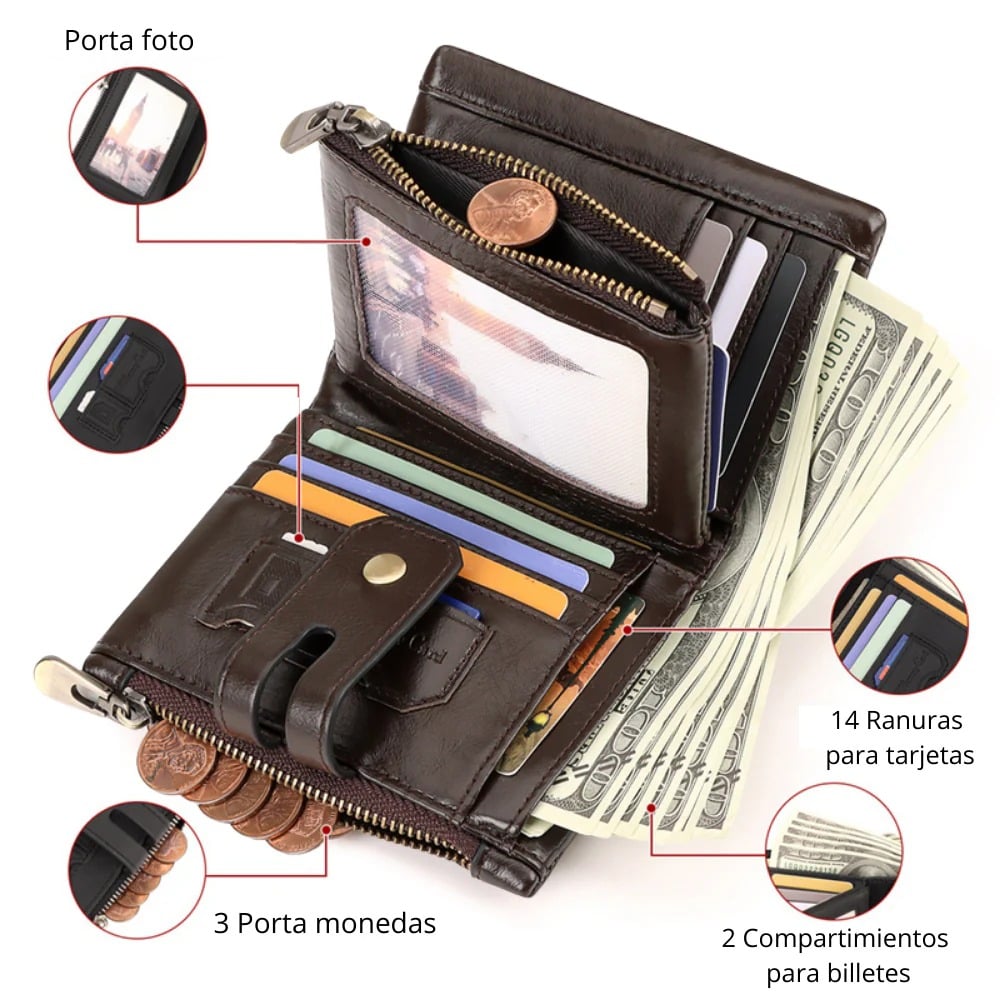 BILLETERA DE CUERO VACUNO DISEÑO MODERNO CON CADENA Y RFID HUMERPAUL BP829 - 3