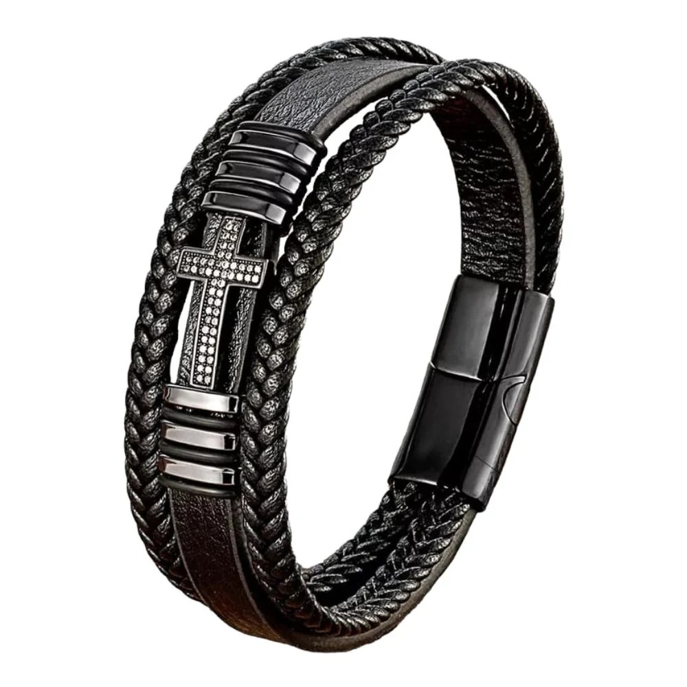 PULSERA DE CUERO CRUZ NEGRA 21 CM - 1