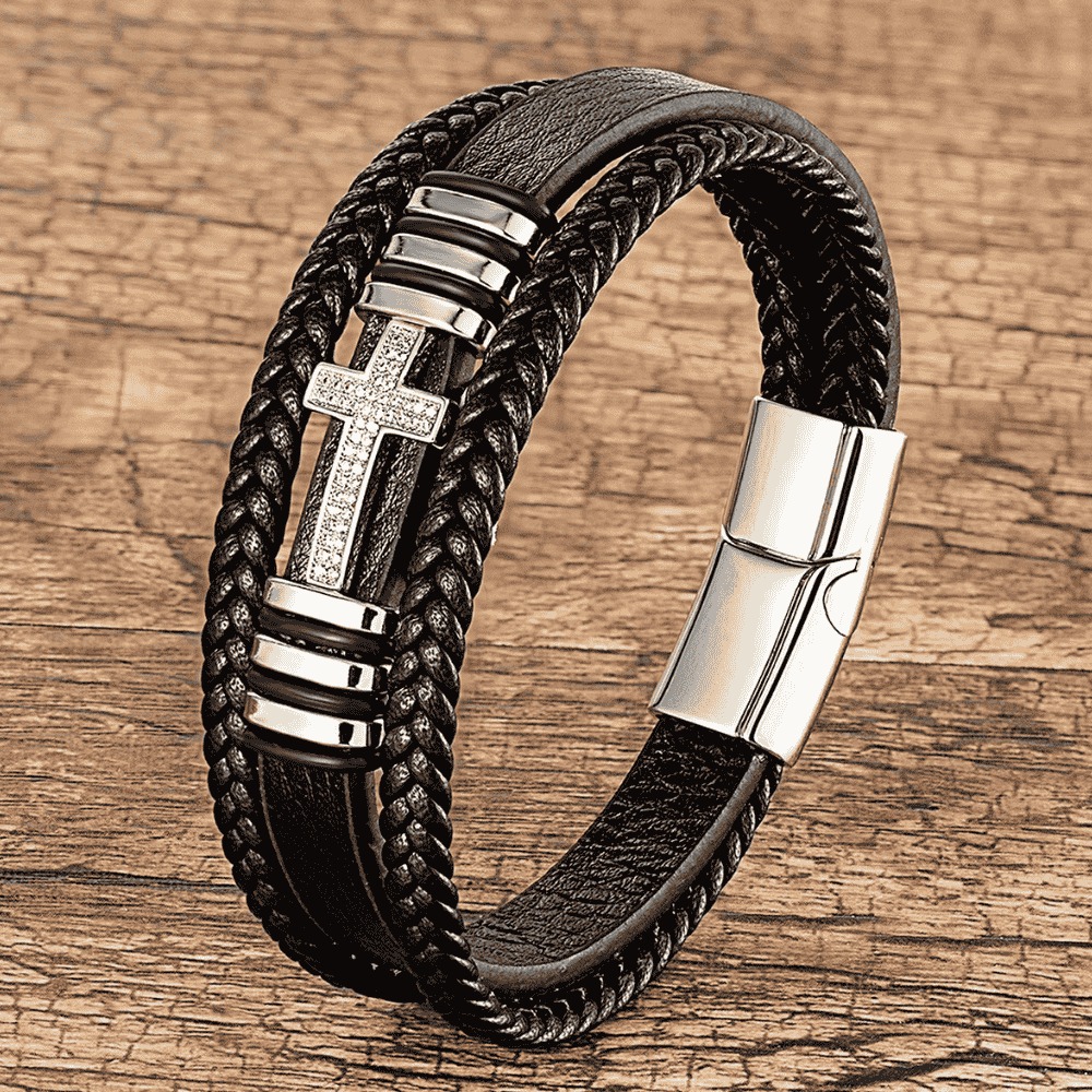 PULSERA DE CUERO CRUZ NEGRA 21 CM - 1