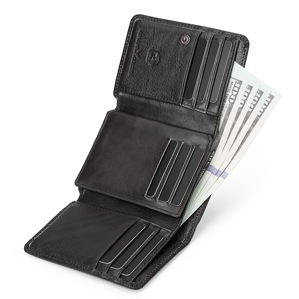 BILLETERA DE CUERO VACUNO DE TRES CUERPOS AR21 NEGRO. RFID Y AMPLIA CAPACIDAD - 2