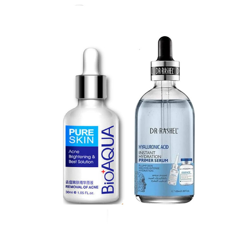 SET SERUM FACIAL BIO AQUA ACLARANTE ANTI ACNE + PRIMER DR RASHEL ACIDO HIALURONICO HIDRATACION INSTANTANEA - 1