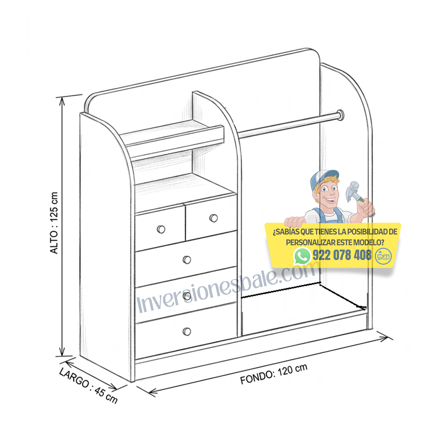 COMODA CON COLGADOR INFANTIL BUBU ARMADO ARUPO - DIBA MUEBLES - 3