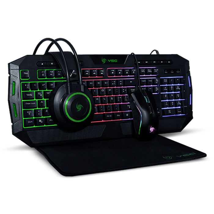 COMBO 4 EN 1 VSG CRUX TECLADO + MOUSE + AUDÍFONO + PADMOUSE GAMER – NEGRO - 1
