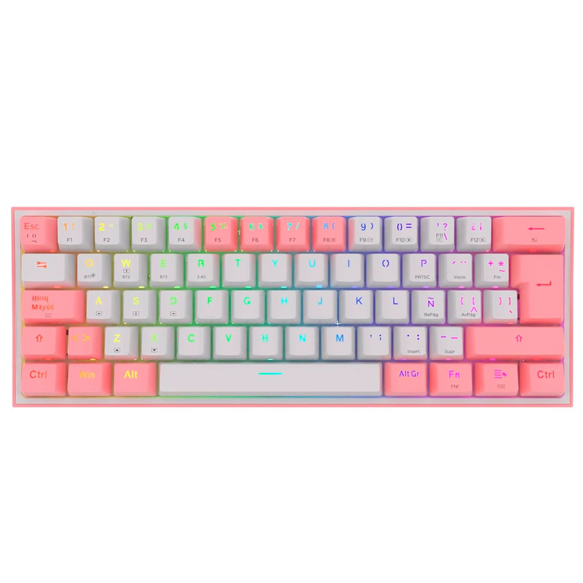 TECLADO MECÁNICO GAMER REDRAGON FIZZ PRO K616-RGB-PW WIRELESS 60% RGB –white/rosa (ESPAÑOL) - 1