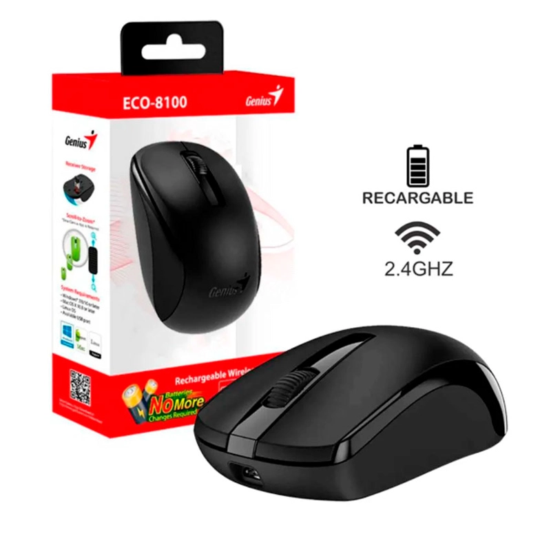 MOUSE GENIUS ECO-8100 WIRELESS BLUEEYE RECARGABLE BLACK - 1