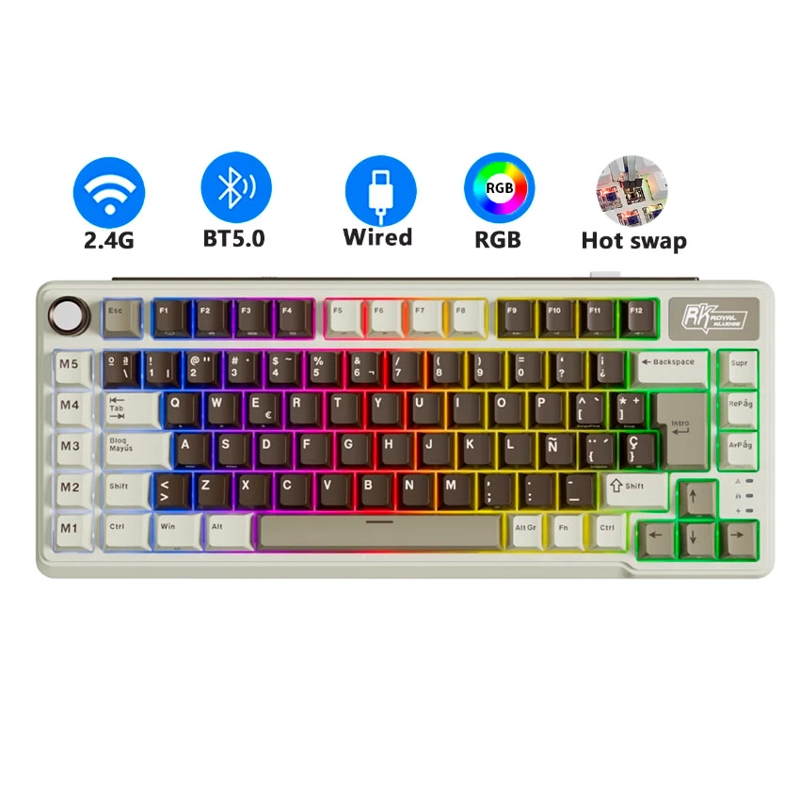 TECLADO ROYAL KLUDGE RK L75 MOCHA GREY TRIPLE CONEXION CREAMY - 1