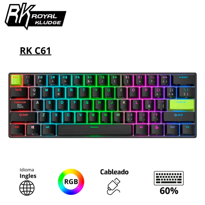 TECLADO ROYAL KLUDGE RK C61 CABLEADO BLACK GREEN - MINT MAGNETIC SWITCH - 1