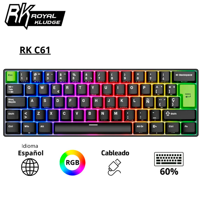 TECLADO ROYAL KLUDGE RK C61 CABLEADO ESPAÑOL BLACK GREEN - MINT MAGNETIC SWITCH - 1