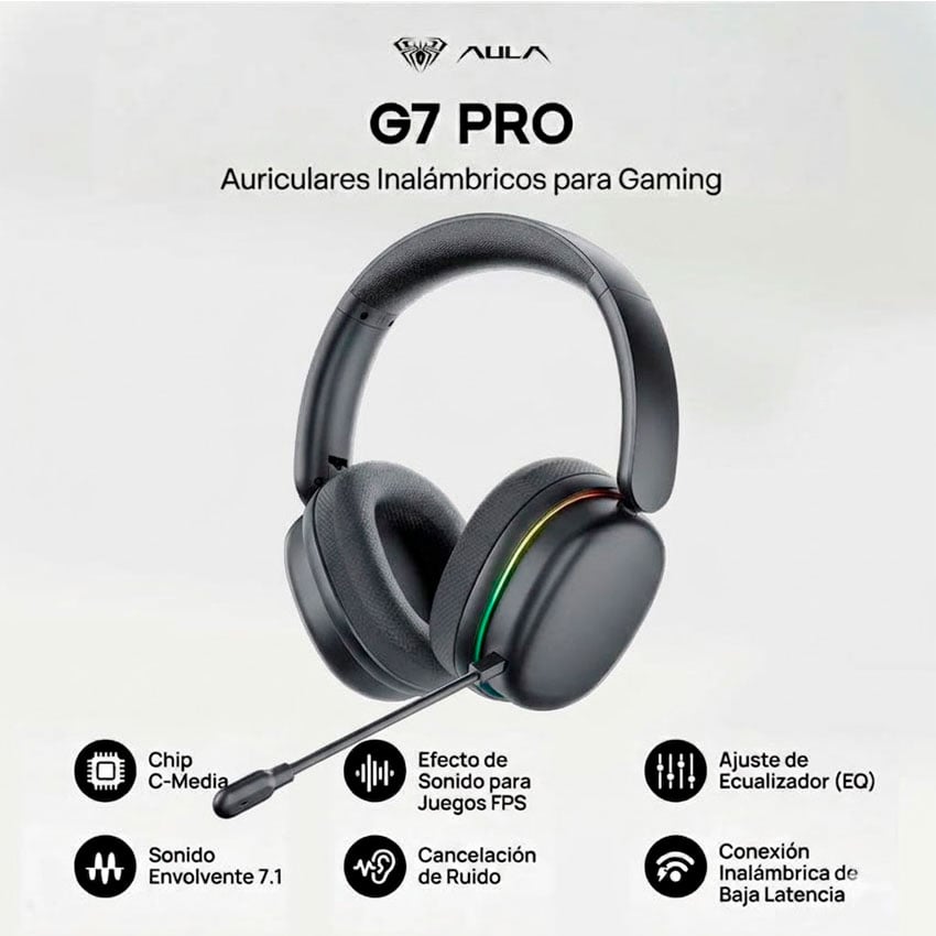 AURICULAR GAMER INALÁMBRICO AULA G7 PRO: SONIDO 7.1, BLUETOOTH 5.3, RGB PARA PC, PS5 Y SWITCH - 2
