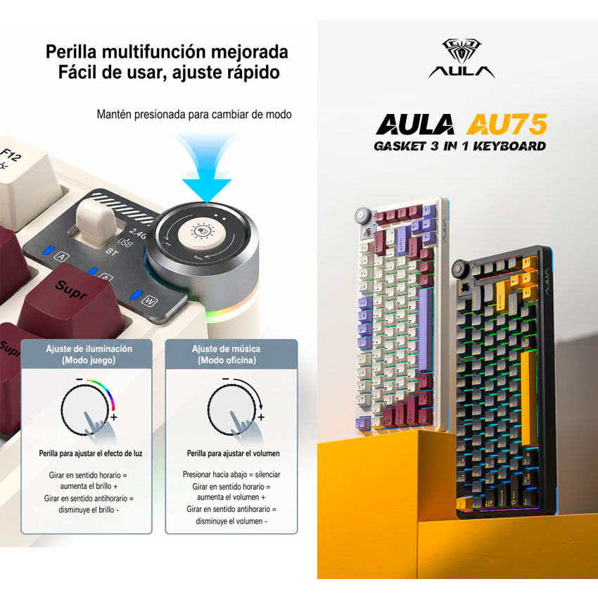 TECLADO AULA AU75 RGB INALÁMBRICO BLACK YELLOW - MECHANICAL SWITCH - 5