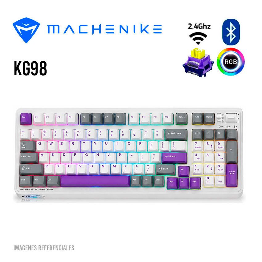 TECLADO MECÁNICO MACHENIKE KG98 MORADO RGB TRIPLE CONEXIÓN SWITCH PURPLE GOLD - 1
