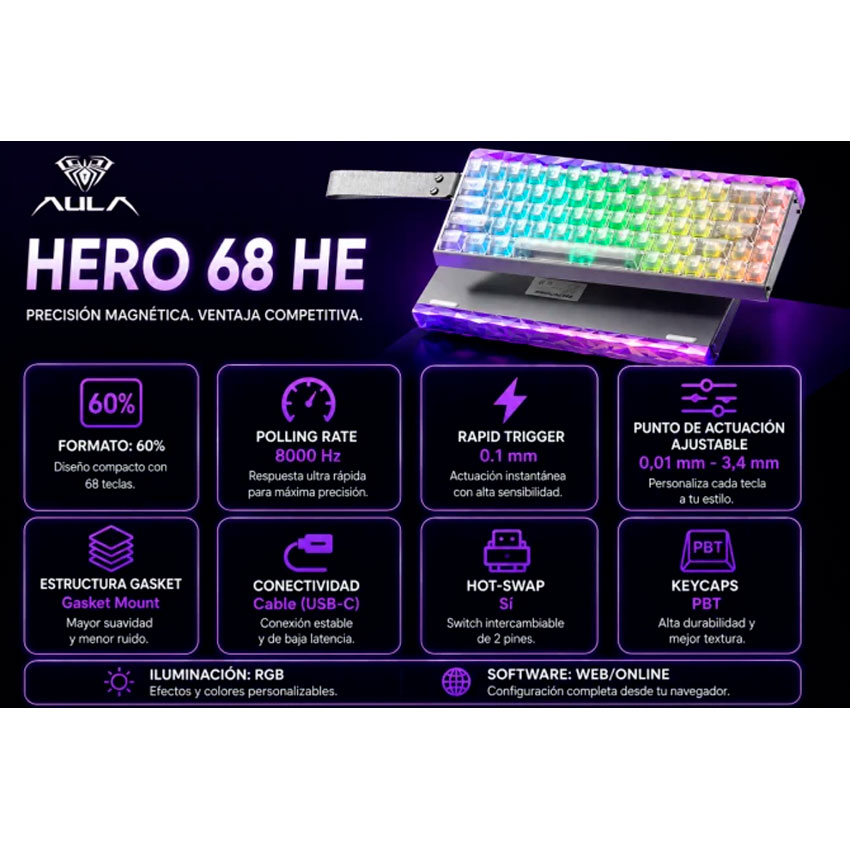 TECLADO GAMER MAGNÉTICO AULA HERO68HE SWITCH SILVER RGB GASKET 8000HZ BLANCO TRANSPARENTE - 2