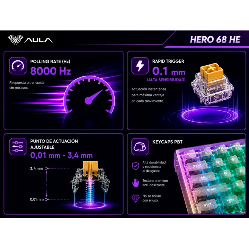 TECLADO GAMER MAGNÉTICO AULA HERO68HE SWITCH SILVER RGB GASKET 8000HZ BLANCO TRANSPARENTE - 5