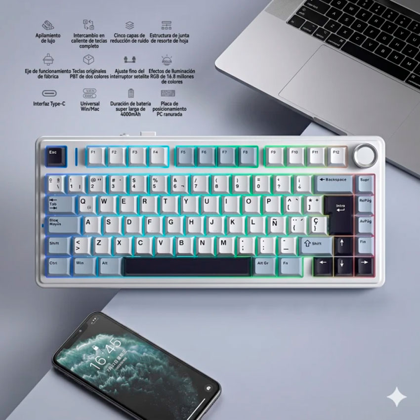 TECLADO MECÁNICO AULA F75 RGB 75% ESPAÑOL INALÁMBRICO REAPER SWITCH GASKET 4000MAH - 4