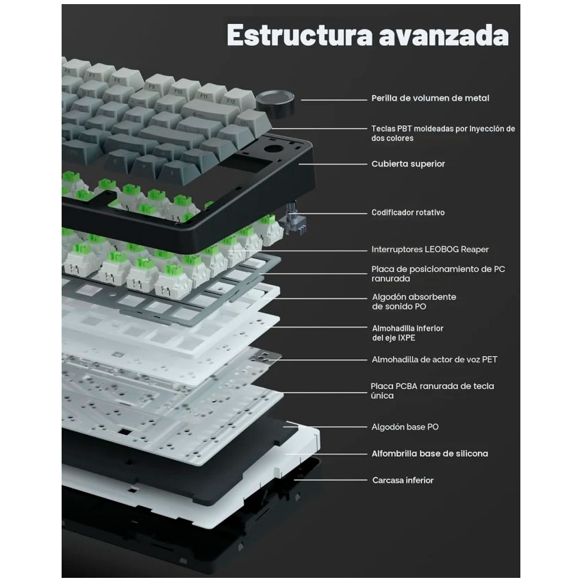 TECLADO MECÁNICO AULA F75 RGB 75% ESPAÑOL INALÁMBRICO REAPER SWITCH GASKET 4000MAH - 5