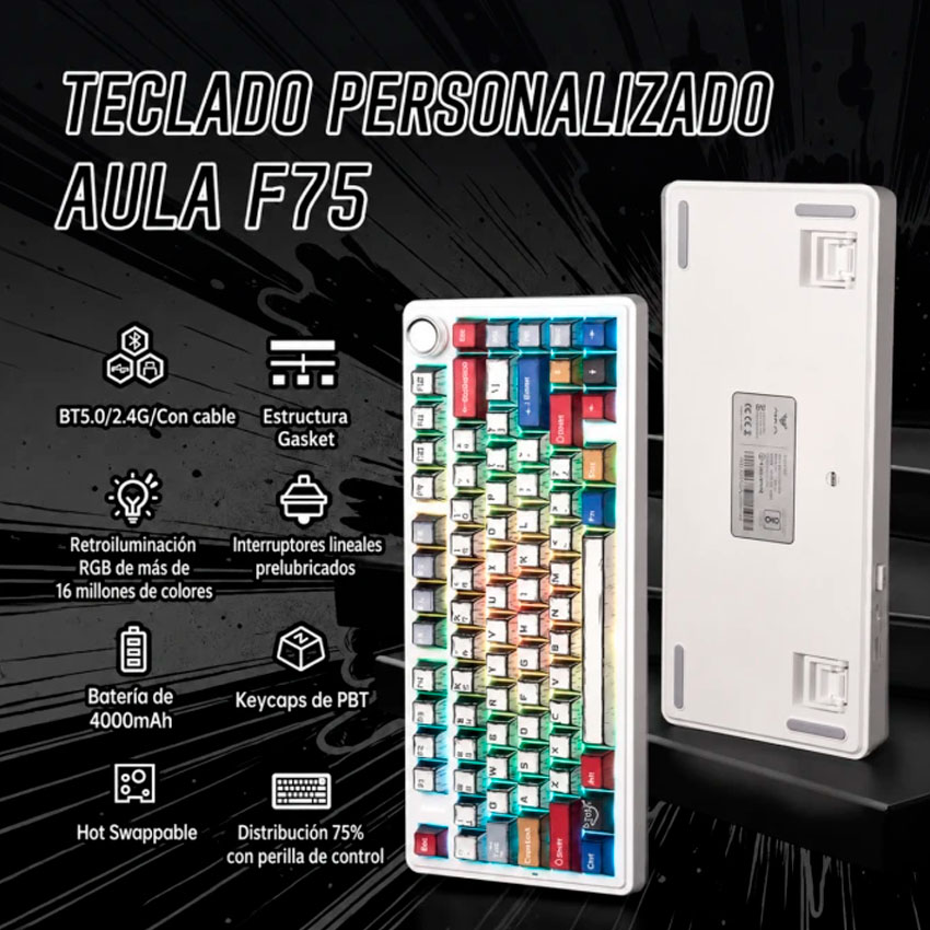 TECLADO MECÁNICO AULA F75 RGB INALÁMBRICO ESPAÑOL PBT GASKET HOT-SWAP STAR VECTOR 4000MAH - 4