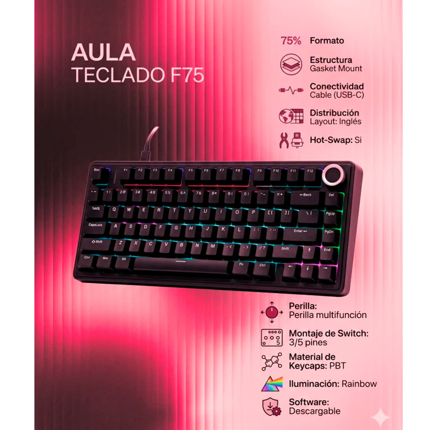 TECLADO MECÁNICO AULA F75 75% RGB RAINBOW USB-C - 4