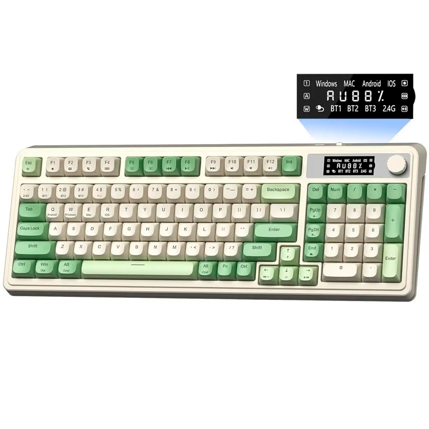 TECLADO AULA S99 PRO INALÁMBRICO RGB INGLÉS GASKET 98% PANTALLA PERILLA 2000MAH BLANCO VERDE - 2