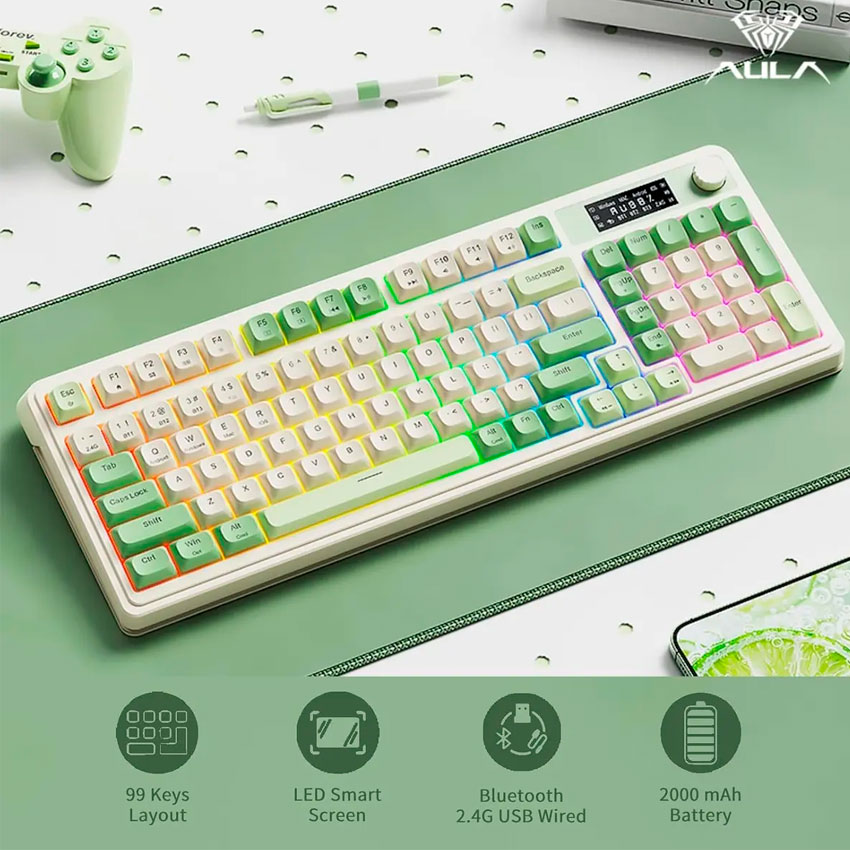 TECLADO AULA S99 PRO INALÁMBRICO RGB INGLÉS GASKET 98% PANTALLA PERILLA 2000MAH BLANCO VERDE - 3