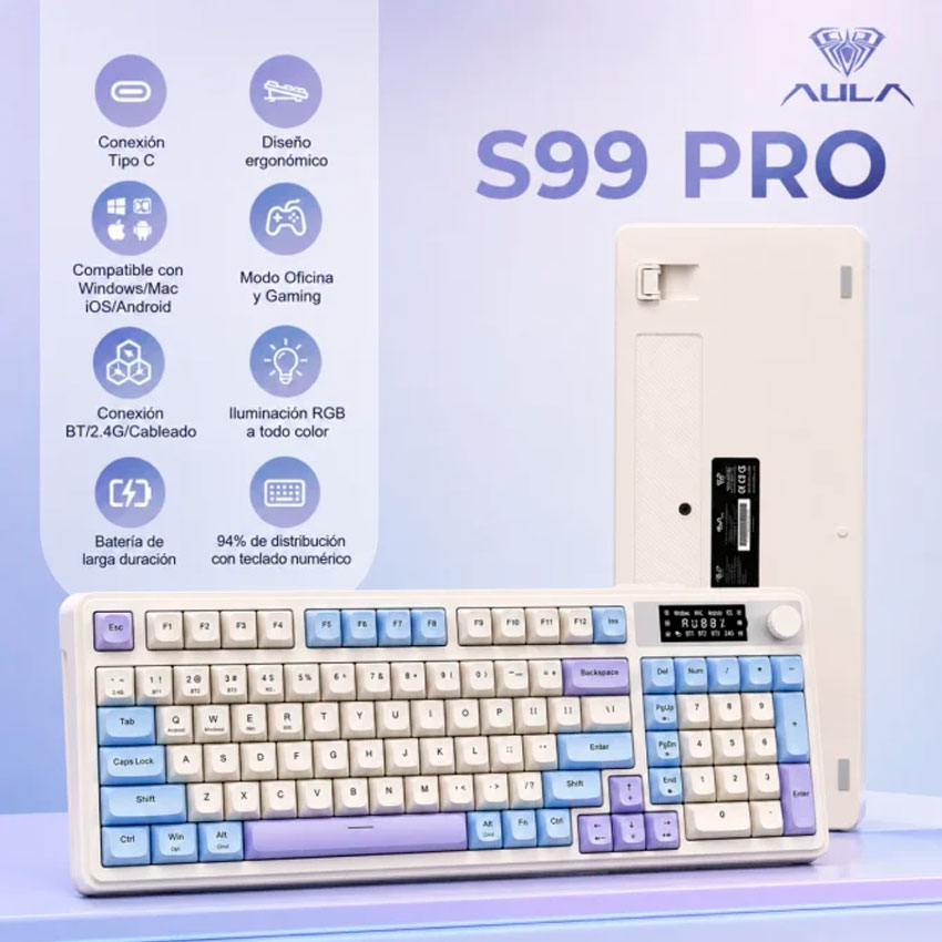 TECLADO AULA S99 PRO INALÁMBRICO ESPAÑOL RGB, MEMBRANA, PANTALLA Y PERILLA MULTIFUNCIÓN - 4