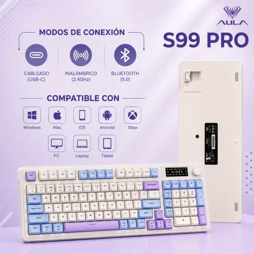 TECLADO AULA S99 PRO INALÁMBRICO ESPAÑOL RGB, MEMBRANA, PANTALLA Y PERILLA MULTIFUNCIÓN - 7