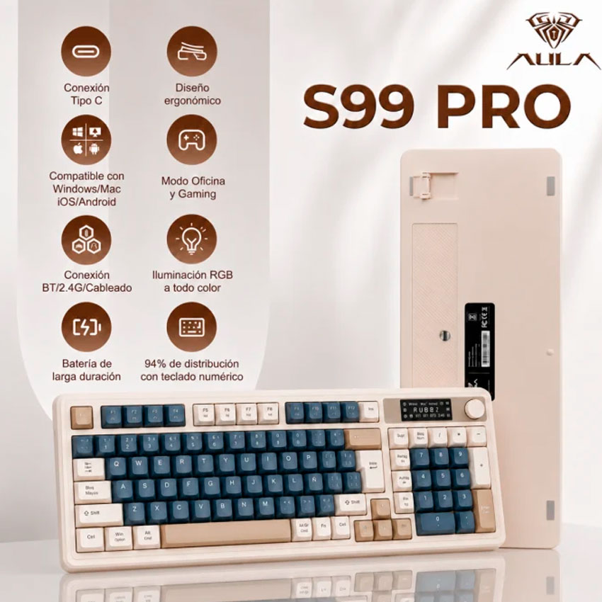 TECLADO AULA S99 PRO INALÁMBRICO ESPAÑOL RGB GRIS 98% TRIPLE MODO CON PANTALLA Y PERILLA - 4