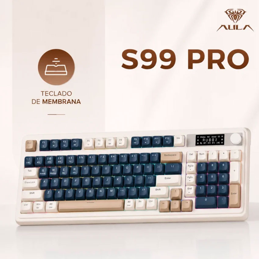 TECLADO AULA S99 PRO INALÁMBRICO ESPAÑOL RGB GRIS 98% TRIPLE MODO CON PANTALLA Y PERILLA - 6