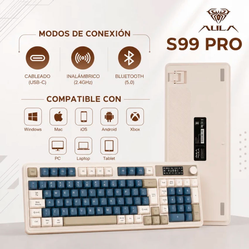 TECLADO AULA S99 PRO INALÁMBRICO ESPAÑOL RGB GRIS 98% TRIPLE MODO CON PANTALLA Y PERILLA - 7