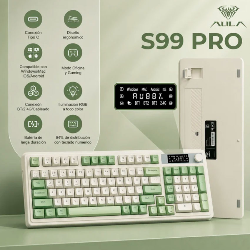 TECLADO AULA S99 PRO ESPAÑOL INALÁMBRICO RGB, PANTALLA Y PERILLA, TRIPLE MODO VERDE Y BLANCO - 4