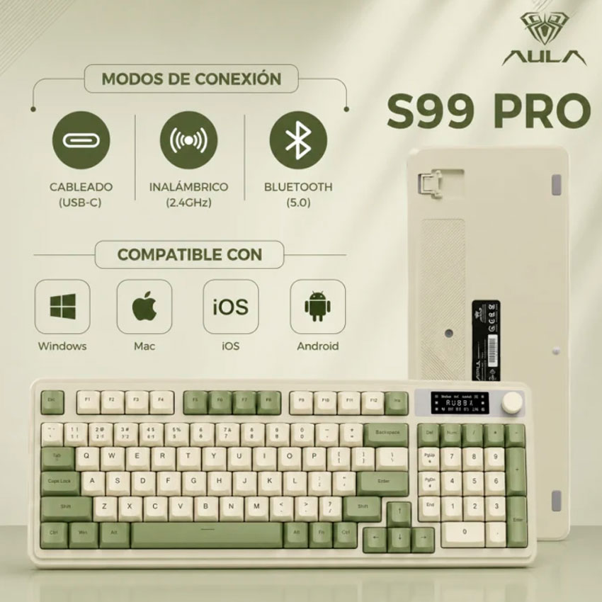 TECLADO AULA S99 PRO ESPAÑOL INALÁMBRICO RGB, PANTALLA Y PERILLA, TRIPLE MODO VERDE Y BLANCO - 5