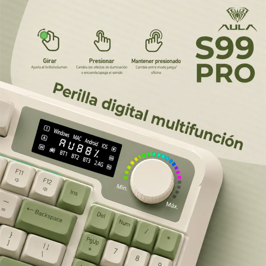 TECLADO AULA S99 PRO ESPAÑOL INALÁMBRICO RGB, PANTALLA Y PERILLA, TRIPLE MODO VERDE Y BLANCO - 6