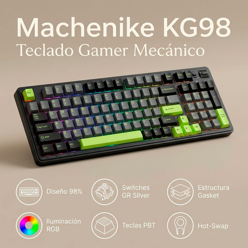 TECLADO GAMER MACHENIKE KG98 MECÁNICO 98% RGB SWITCH SILVER TRIPLE CONEXIÓN USB BLUETOOTH 2.4G - 3