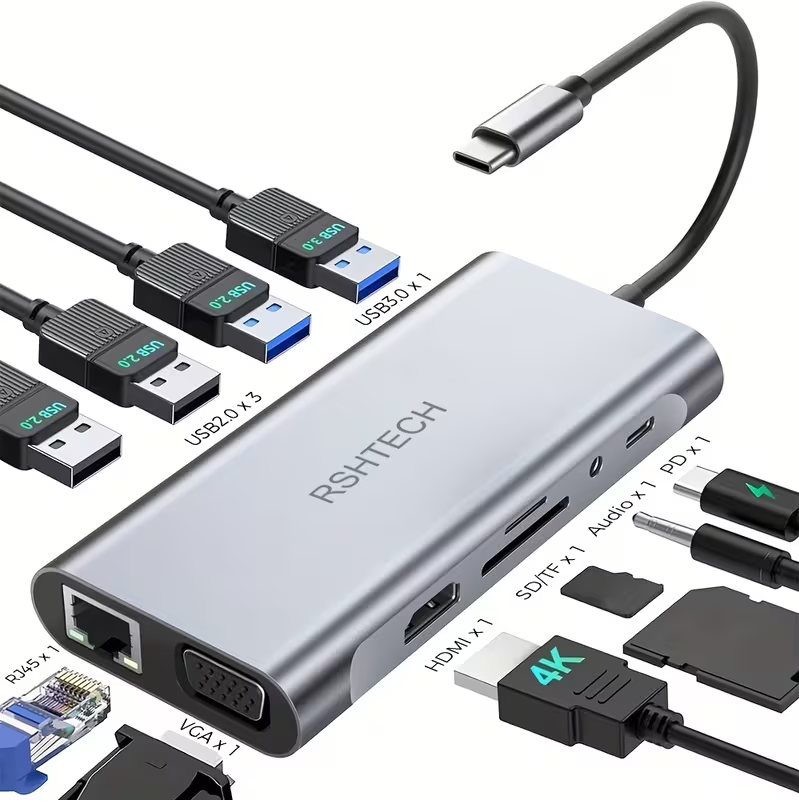 ADAPTADOR HUB TIPO C 11 en 1 LAPTOP MACBOOK HDMI 4K ETHERNET VGA USB CARGA - 1