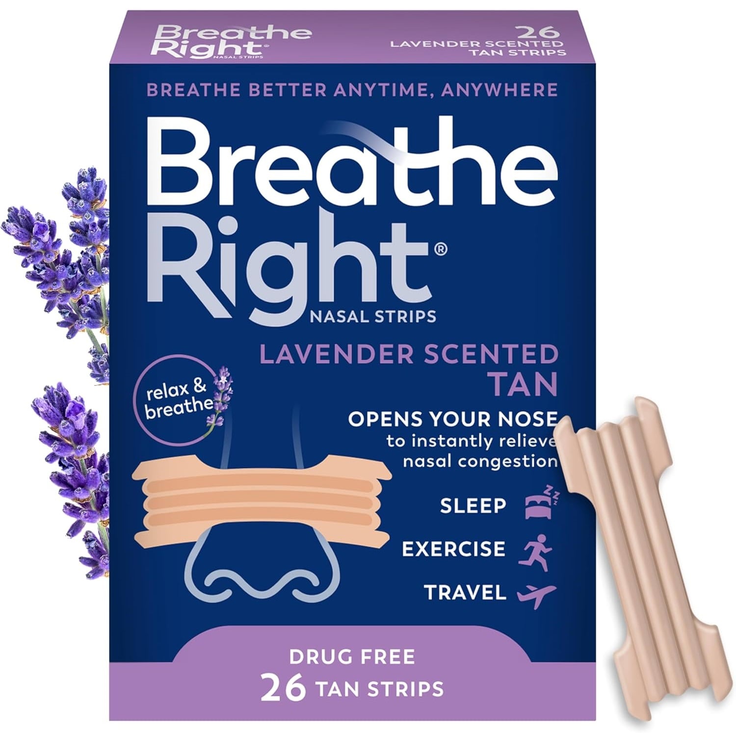 TIRAS NASALES BREATHE RIGHT LAVANDA RESPIRA MEJOR RONQUIDOS - 1