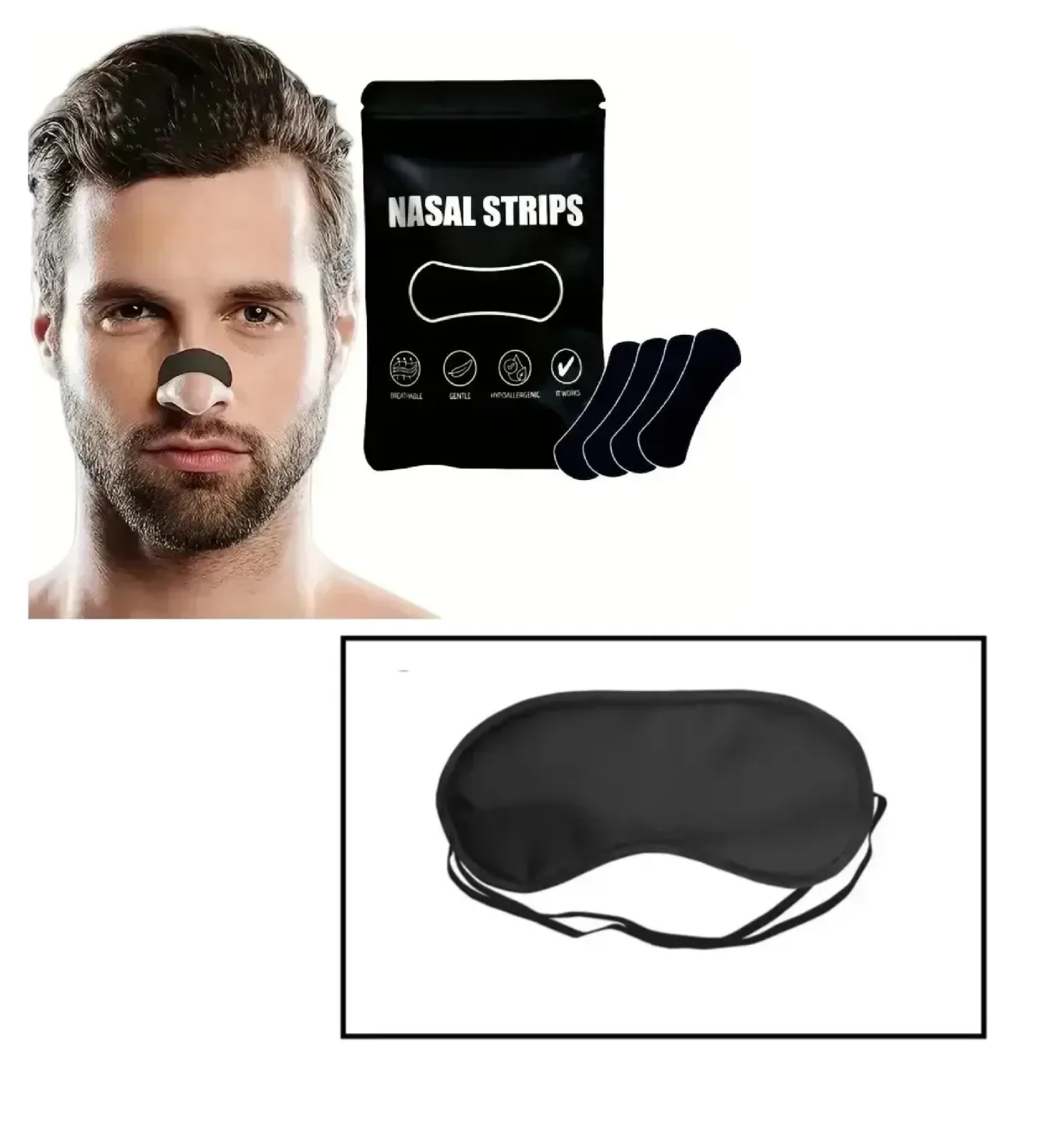 ANTIFAZ PARA DORMIR MASCARA OJOS + 30 TIRAS NASALES NEGRO - 1