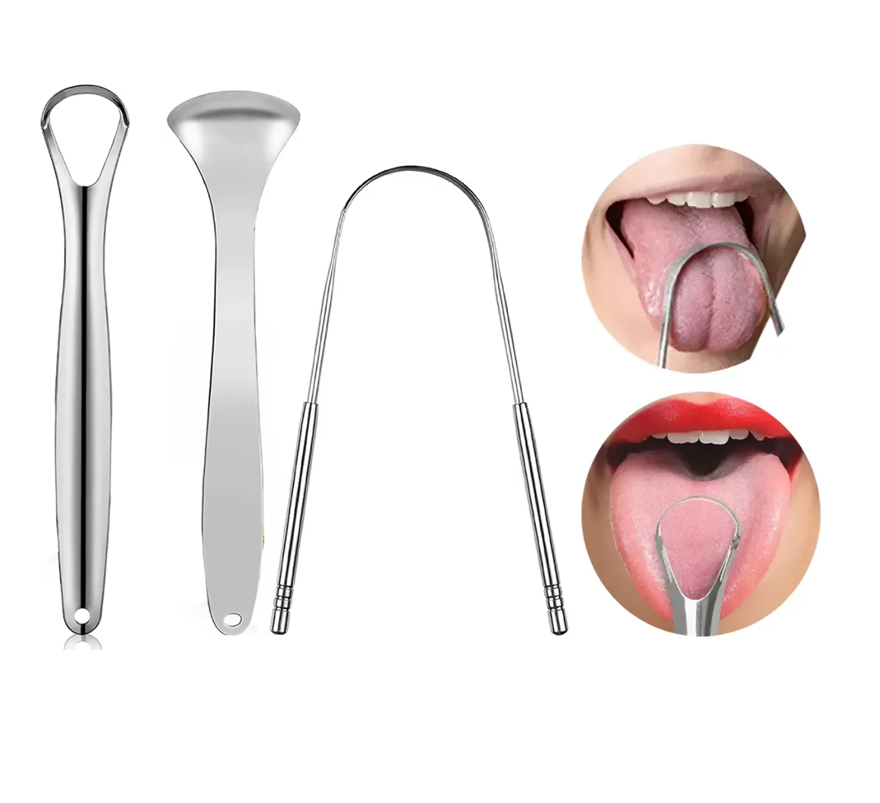 LIMPIADOR RASPADOR LENGUA ACERO INOXIDABLE HIGIENE 3 PIEZAS - 1